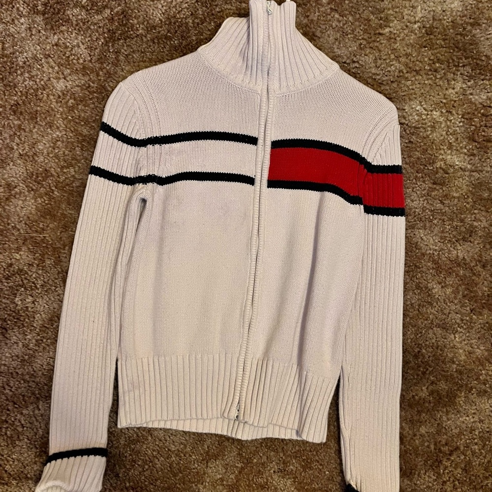 Vintage Tommy Hilfiger White Sweater with Red and Black Stripes